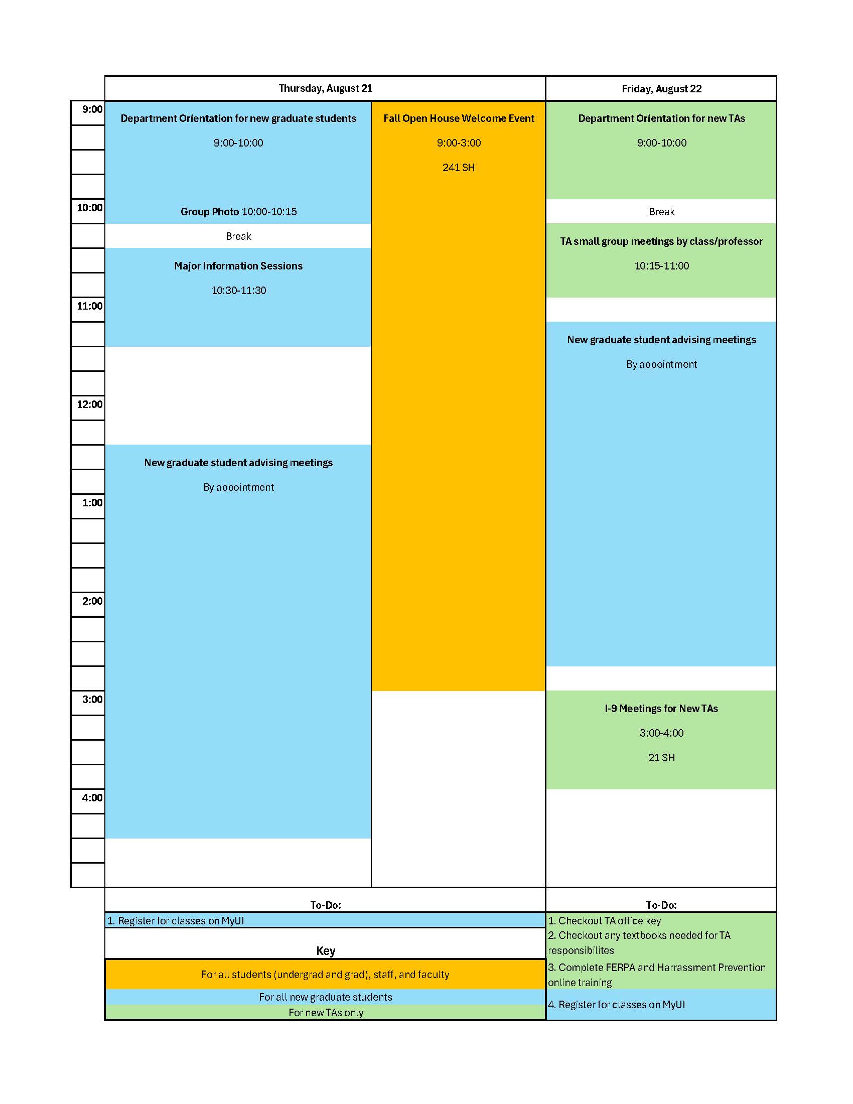 Calendar schedule for department orientation