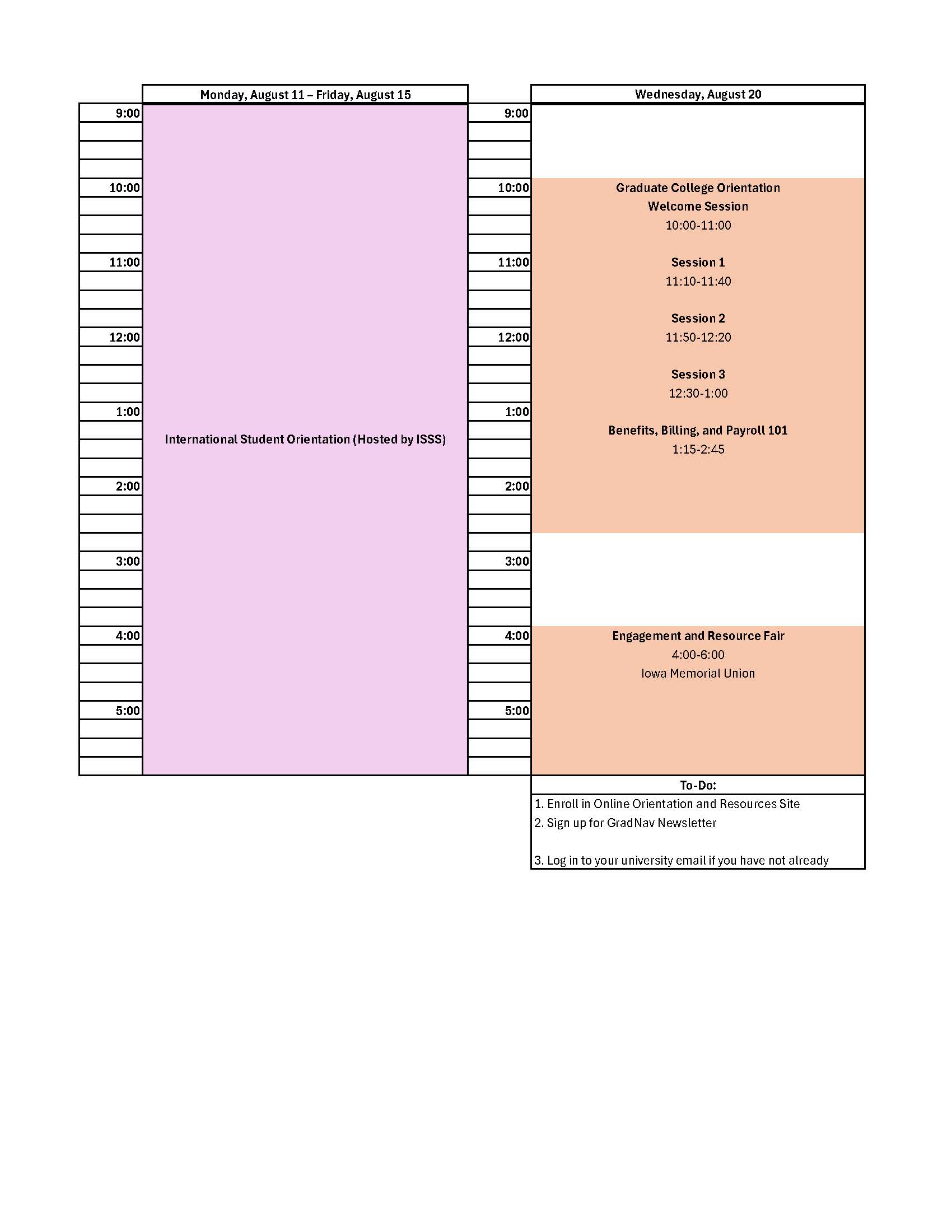 Calendar schedule of ISSS and Graduate College orientation