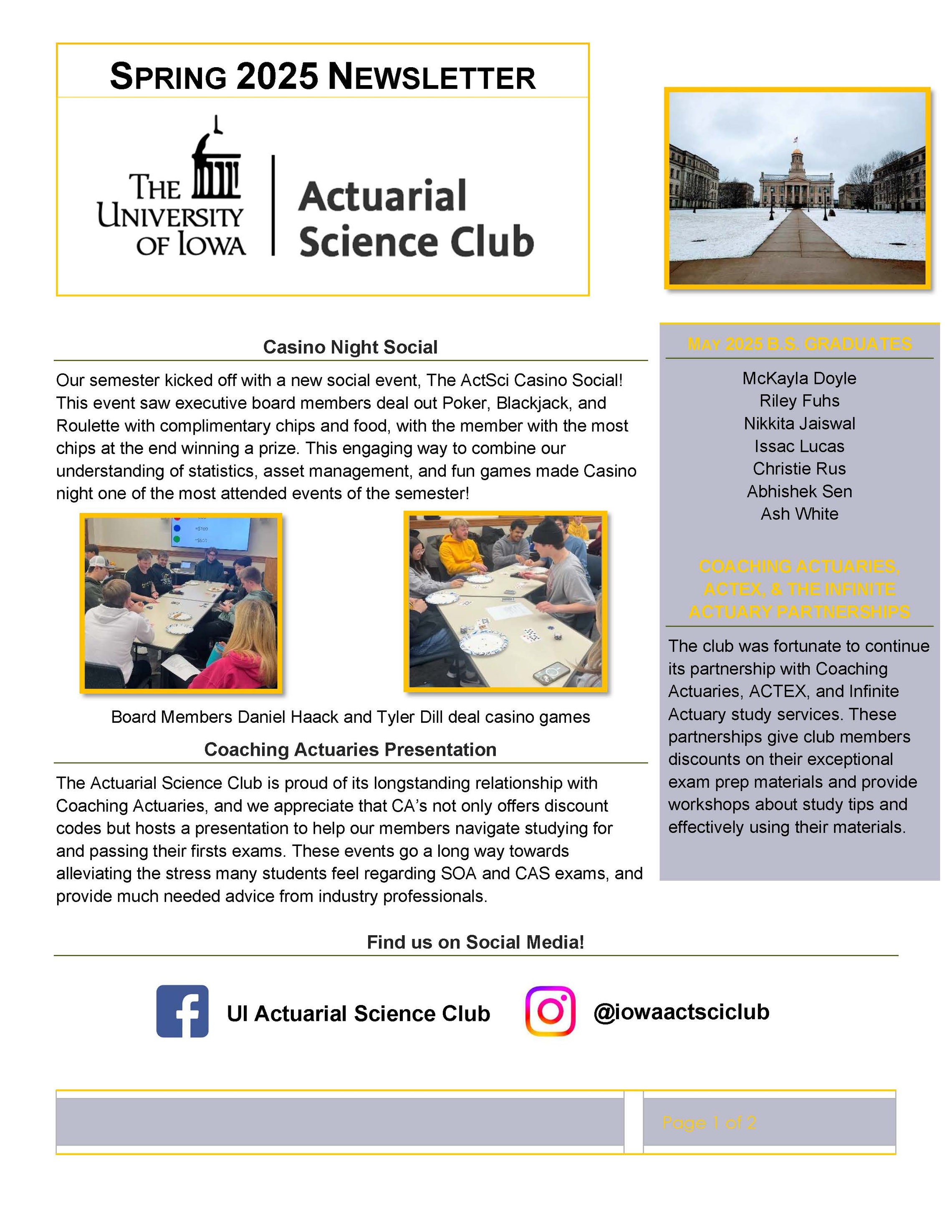 Image of Spring 25 Actuarial Science Club Newsletter page 1