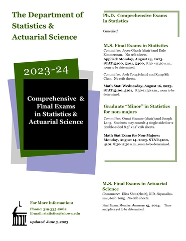 A poster providing information on final exams for the Department of Read on for information about the master's in science exams in the Department of Statistics and Actuarial Science at the University of Iowa. 