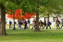 Students walking on the UI campus in the fall