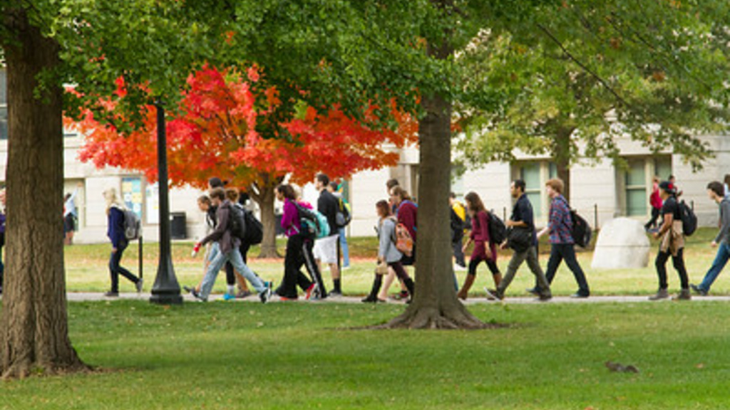 Students walking on the UI campus in the fall